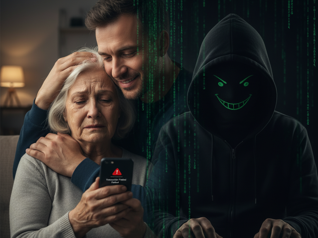 Kind Son Hugging Sad Mother Online Scam